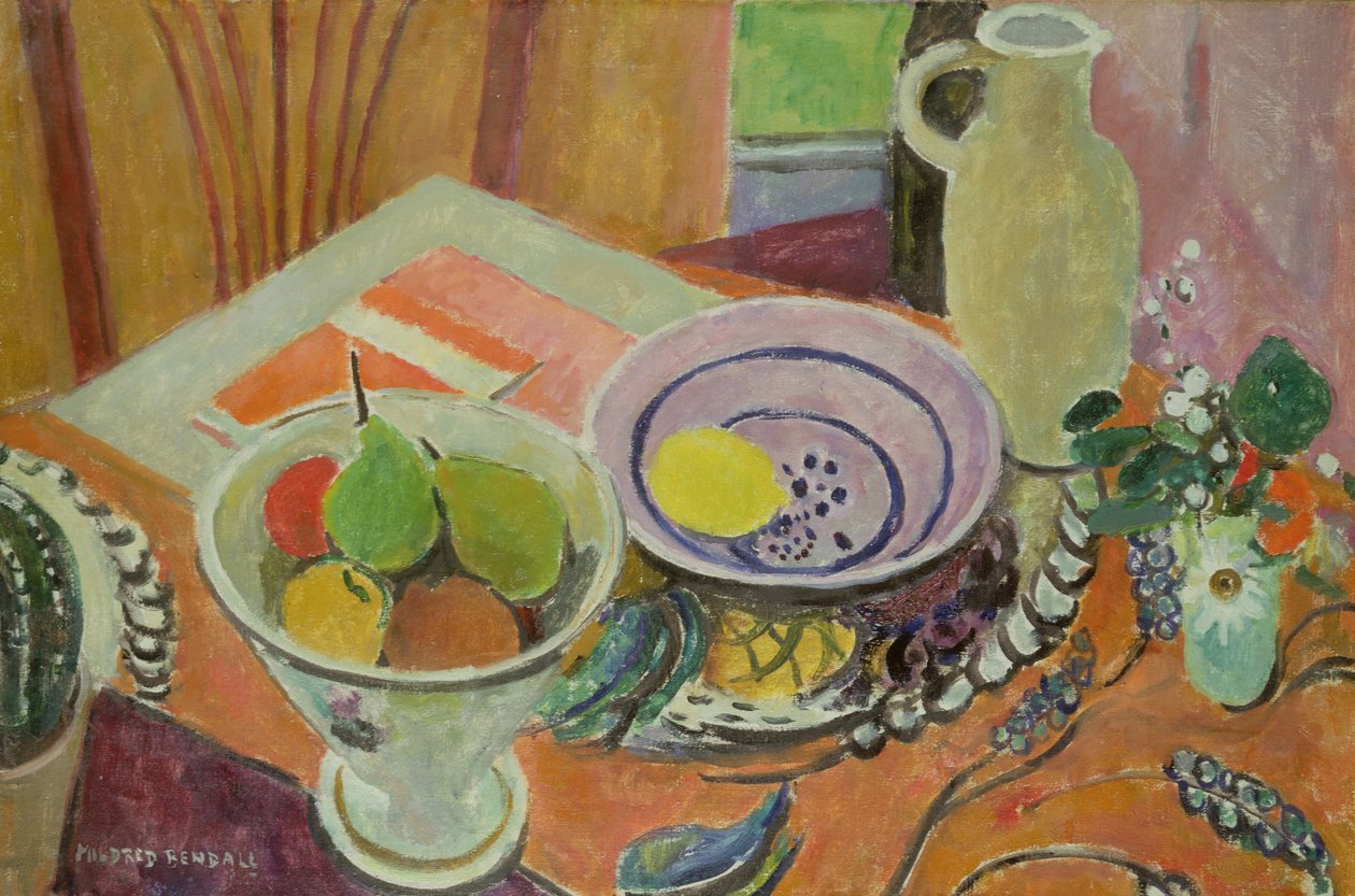 Ceramika i owoce na stole autorstwa Mildred Bendall