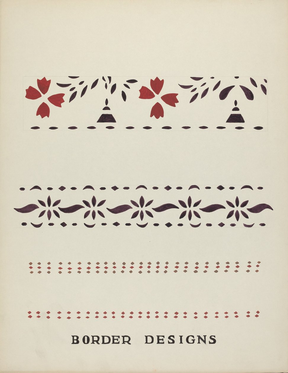 Wzory obramowań z proponowanego portfolio „Maine Wall Stencils” autorstwa Mildred E. Bent