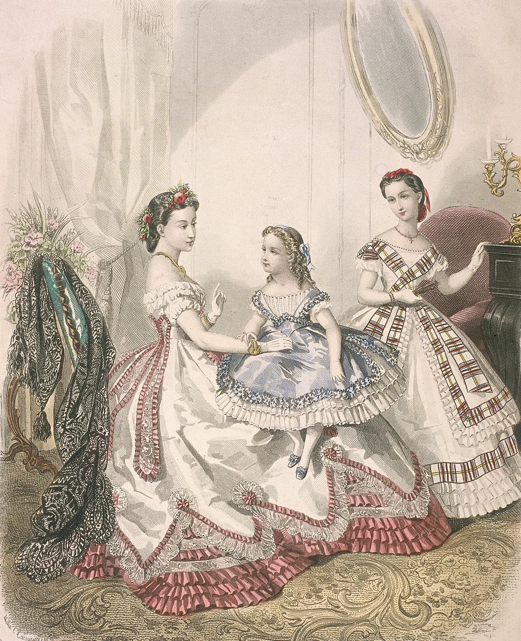 Dwie kobiety i mała dziewczynka w najnowszych modach halowych, ok. 1860 r autorstwa Millia Lacouriere