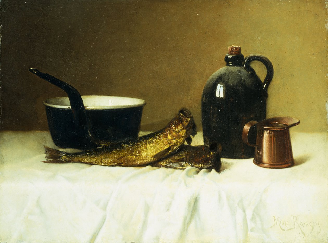 Martwa natura ze śledziem, garnkiem, dzbankiem i miarką, 1908 autorstwa Milne Ramsey
