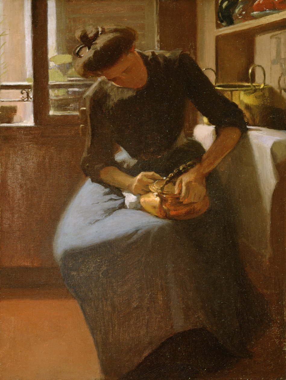 Kobieta polerująca czajnik, ok. 1912 (olej na płótnie) autorstwa Minerva Josephine Chapman