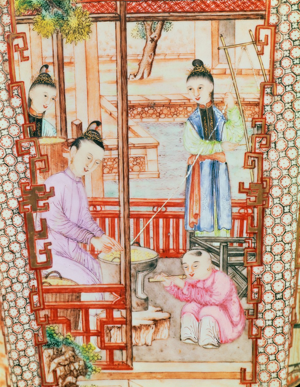 Fragment wazonu przedstawiający kobiety przędzące jedwab autorstwa Ming Dynasty Chinese School