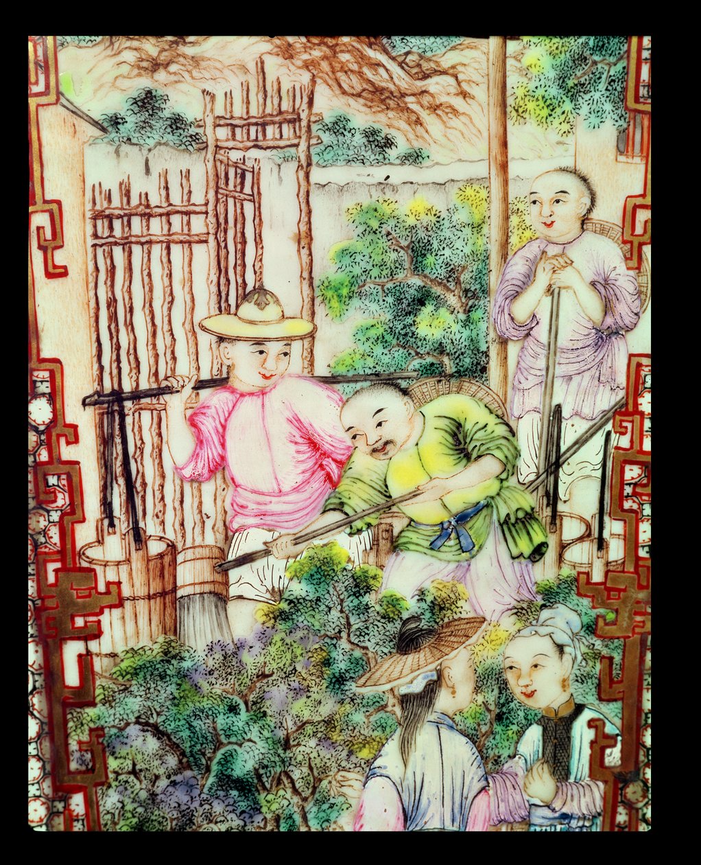 Szczegół wazonu z mężczyznami podlewającymi krzewy herbaty autorstwa Ming Dynasty Chinese School