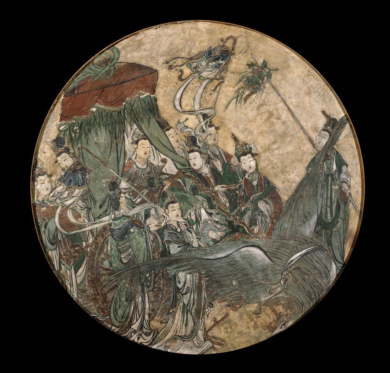 Polichromowany fresk przedstawiający kobietę dostojnika trzymającą berło Ruyi siedzącą w rydwanie ciągniętym przez Feniksa autorstwa Ming Dynasty Chinese School