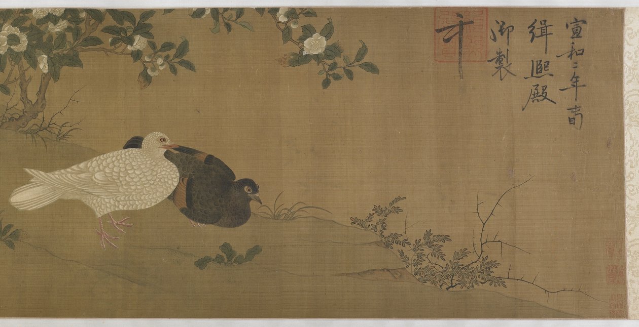 Kamelie, gołębie i ptaki śpiewające autorstwa Ming Dynasty Chinese School