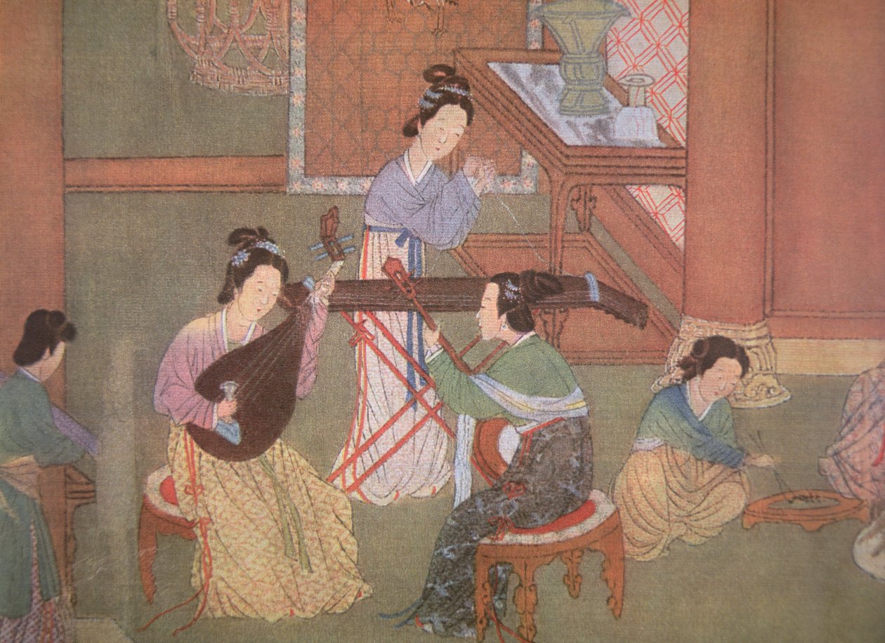 Chińska lutnia, gitara księżycowa i cytra stołowa (malowanie na jedwabiu) autorstwa Ming Dynasty Chinese School