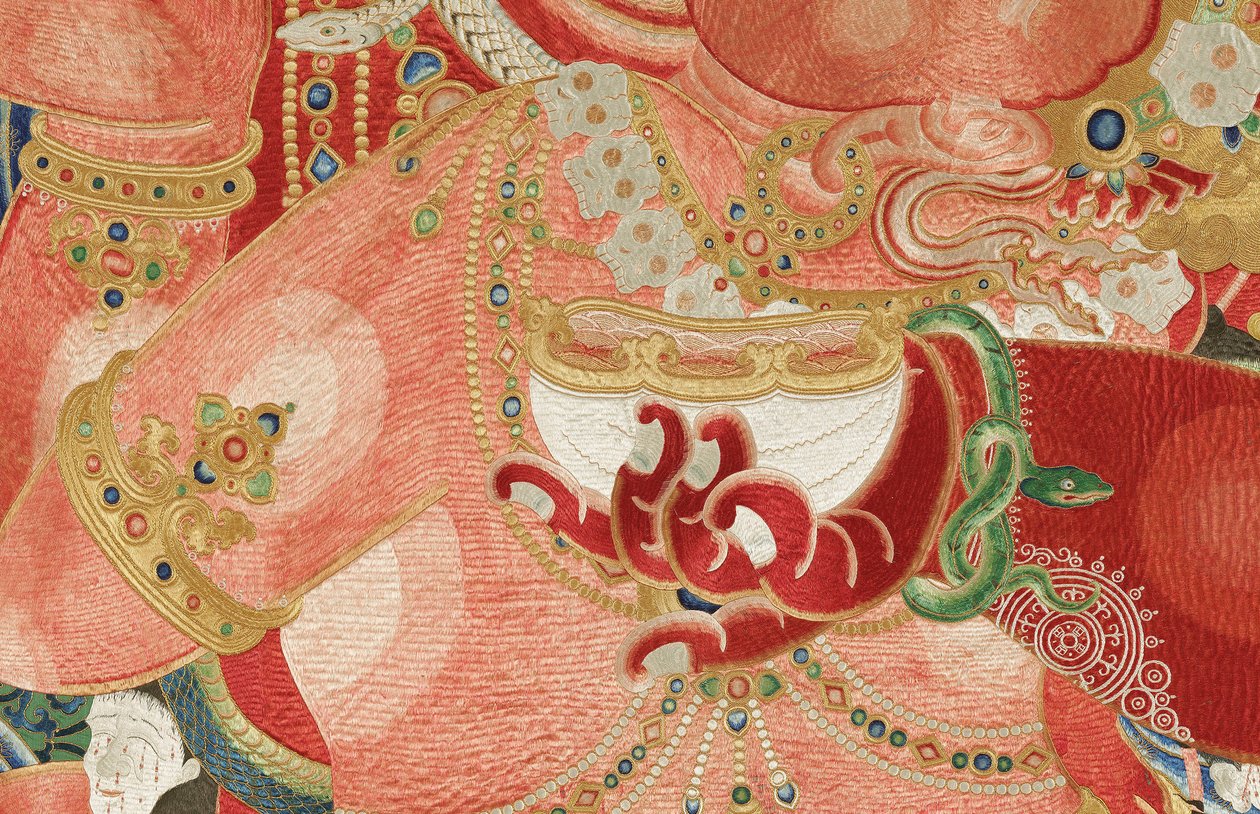 Detal haftowanej jedwabnej tangki w stylu cesarskim autorstwa Ming Dynasty Chinese School