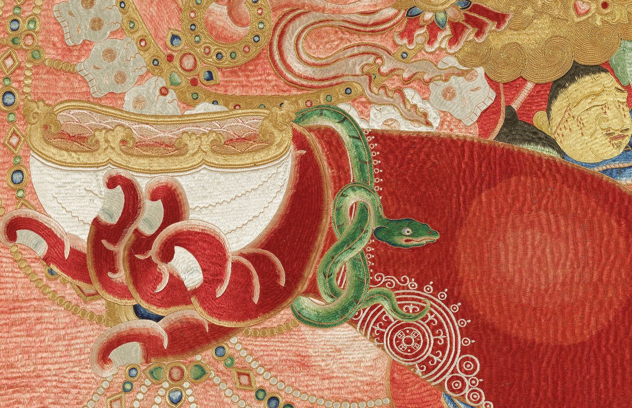 Detal haftowanej jedwabnej tangki w stylu cesarskim autorstwa Ming Dynasty Chinese School