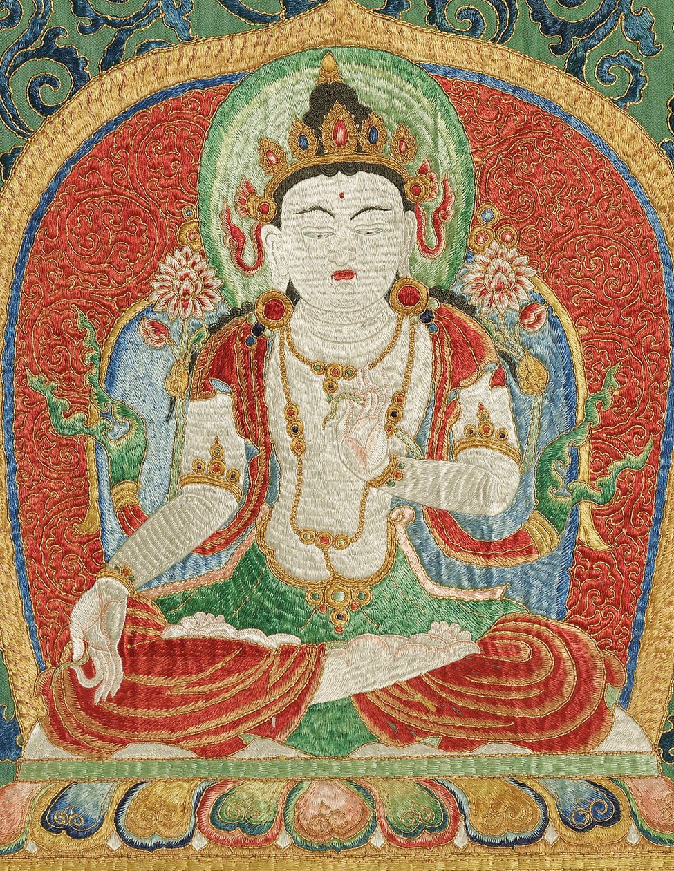 Detal haftowanej jedwabnej tangki w stylu cesarskim autorstwa Ming Dynasty Chinese School