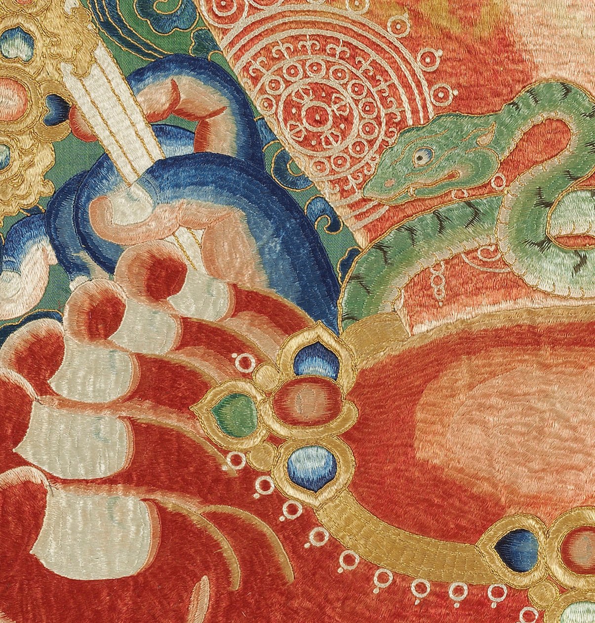 Detal haftowanej jedwabnej tangki w stylu cesarskim autorstwa Ming Dynasty Chinese School