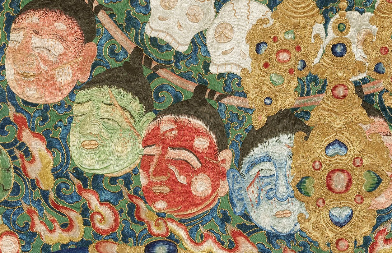 Detal haftowanej jedwabnej tangki w stylu cesarskim autorstwa Ming Dynasty Chinese School
