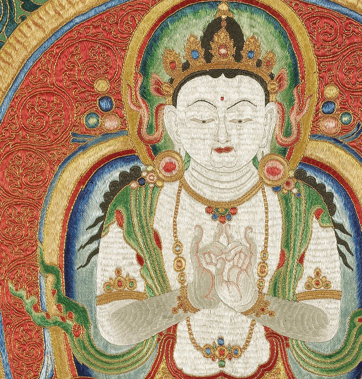 Detal haftowanej jedwabnej tangki w stylu cesarskim autorstwa Ming Dynasty Chinese School