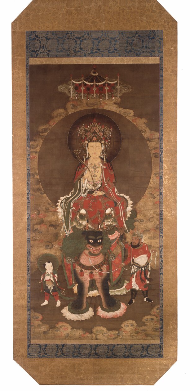 Bodhisattwa Mañjusrî na lwie, koniec XIV wieku (tusz, kolor i złoty pigment na jedwabiu) autorstwa Ming Dynasty Chinese School