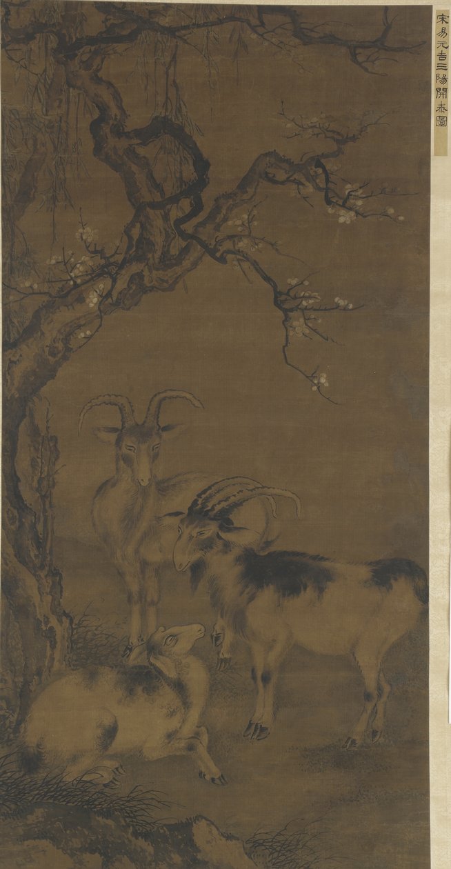 Trzy kozy pod kwitnącą śliwą, XVI-XVII w. autorstwa Ming Dynasty Chinese School
