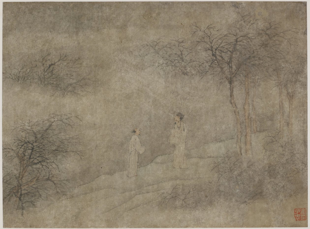 Dwóch mężczyzn spacerujących w mglistym zagajniku (atrament i kolor na papierze) autorstwa Ming Dynasty Chinese School