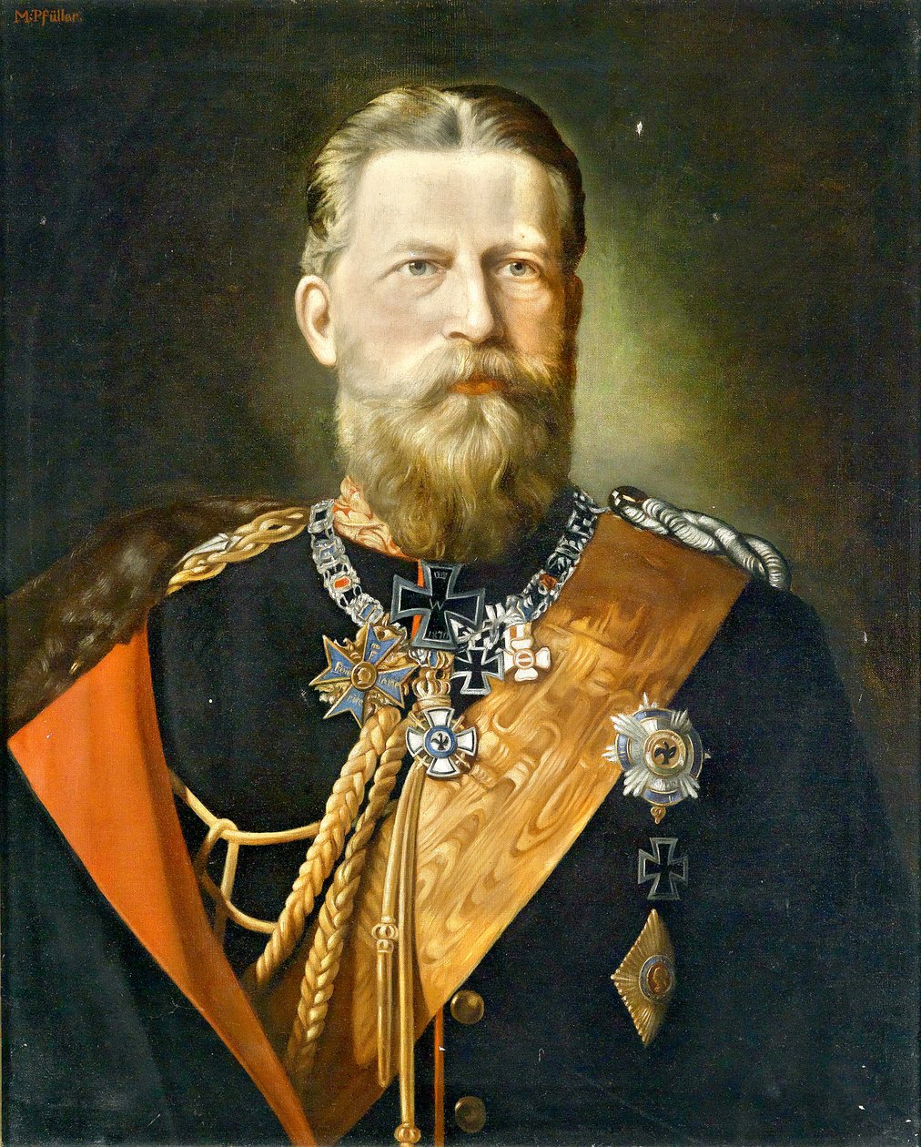 cesarz Fryderyk III, król Prus; Portret w mundurze feldmarszałka z medalami autorstwa Minna Pfüller