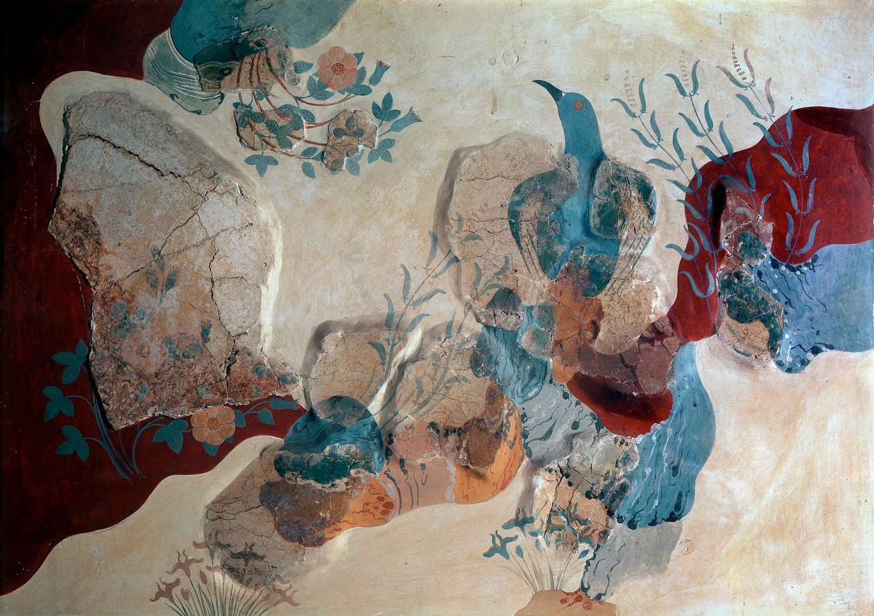 Sztuka minojska: „Błękitny ptak”” Fragment fresku Domu Fresków. 1500 pne. Heraklion, Muzeum Archeologiczne, Kreta - Sztuka minojska: niebieski ptak. Fragment fresku przedstawiający ptaka wśród skał, dzikie róże i irysy z Domu Fresków autorstwa Minoan