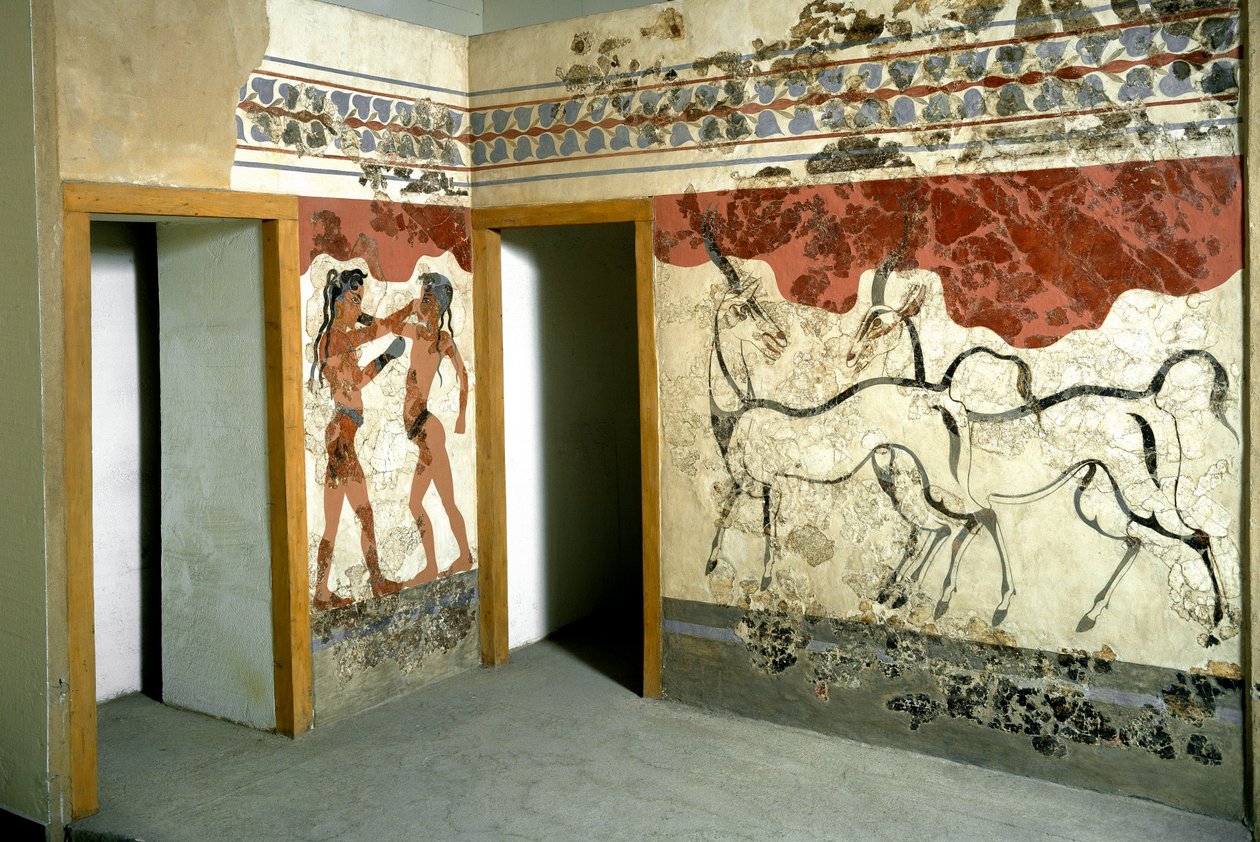 Sztuka minojska: „”zwierzęta i walka wojowników””” Fresk z Akrotiri na Santorini. XVI w. p.n.e. Ateny, Narodowe Muzeum Archeologiczne autorstwa Minoan