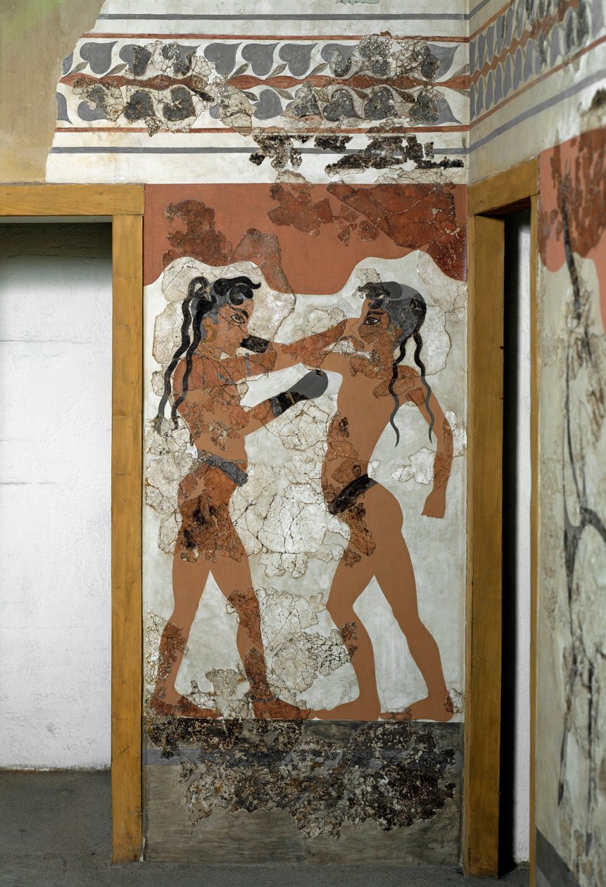 Sztuka minojska: „”walka między dwoma bokserami””” Fresco od Akrotiri do Santorini. XVI wiek p.n.e. Ateny, Narodowe Muzeum Archeologiczne autorstwa Minoan