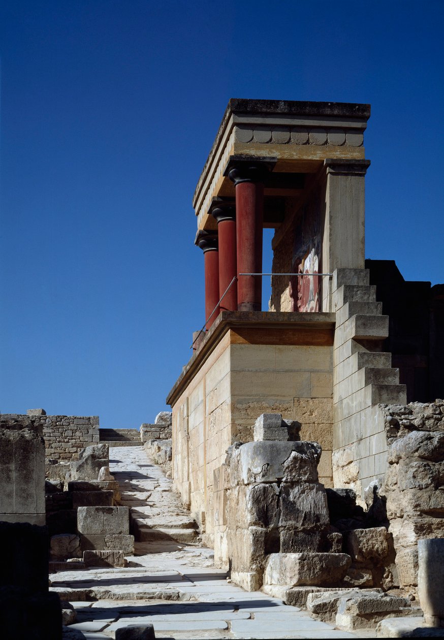 Sztuka minojska: widok na północne wejście do pałacu króla Minosa w Cnossos (Knossos). 1600-1400 pne. Kreta autorstwa Minoan