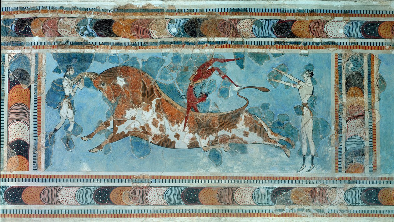 Cywilizacja minojska: „”scena taurokathapsia (lub taurokatapsii), kreteński sport polegający na skakaniu na grzbiecie byka””” Fresk z pałacu króla Minosa a Cnossos (Knossos). 1700-1400 pne. Heraklion, Muzeum Archeologiczne autorstwa Minoan