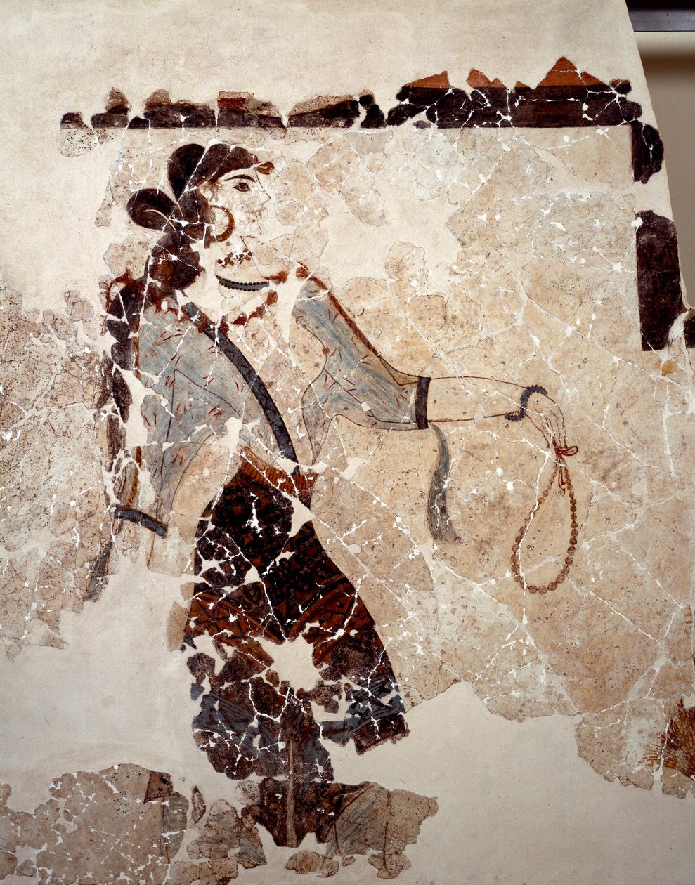 Cywilizacja minojska: kult kobiet. Szczegół. Fresk z lustralnego basenu Xeste 3 w Akrotiri (Thera), Santorini. Ciemny. 143x381 cm XVI wiek pne Santorini, Kolekcja fresków autorstwa Akrotiri a Thera autorstwa Minoan