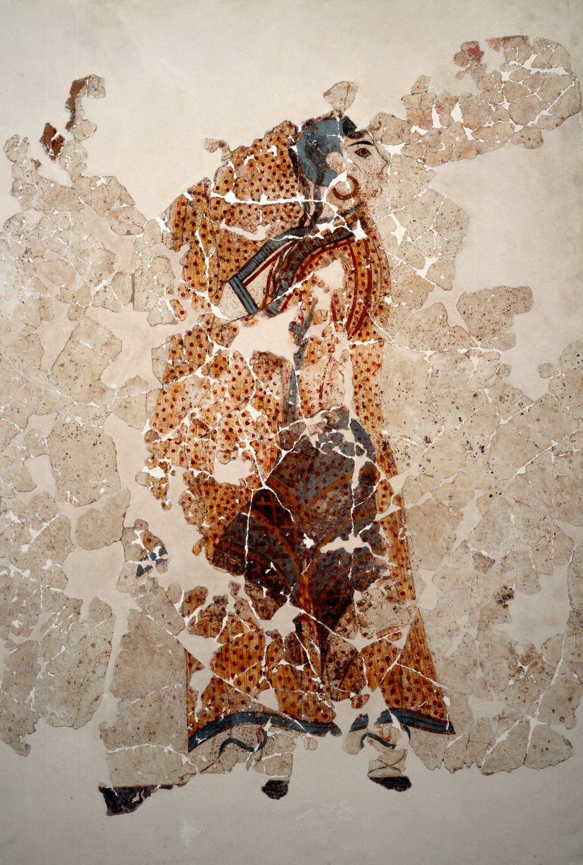 Cywilizacja minojska: kult kobiet. Szczegół. Fresk z lustralnego basenu Xeste 3 w Akrotiri (Thera), Santorini. Ciemny. 143x381 cm XVI wiek pne Santorini, Kolekcja fresków autorstwa Akrotiri a Thera autorstwa Minoan