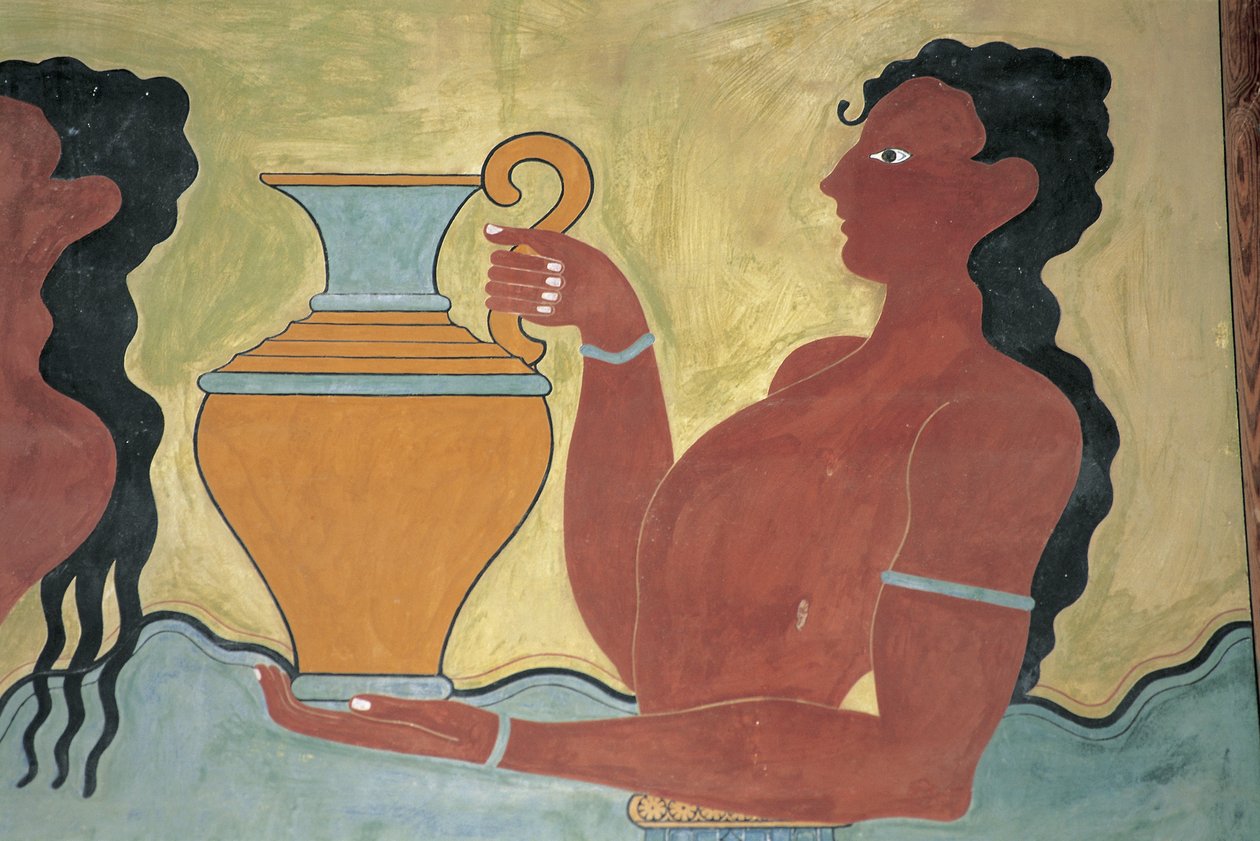 Zbliżenie muralu na ścianie pałacu, Pałac Minos, Knossos, Kreta, Grecja autorstwa Minoan