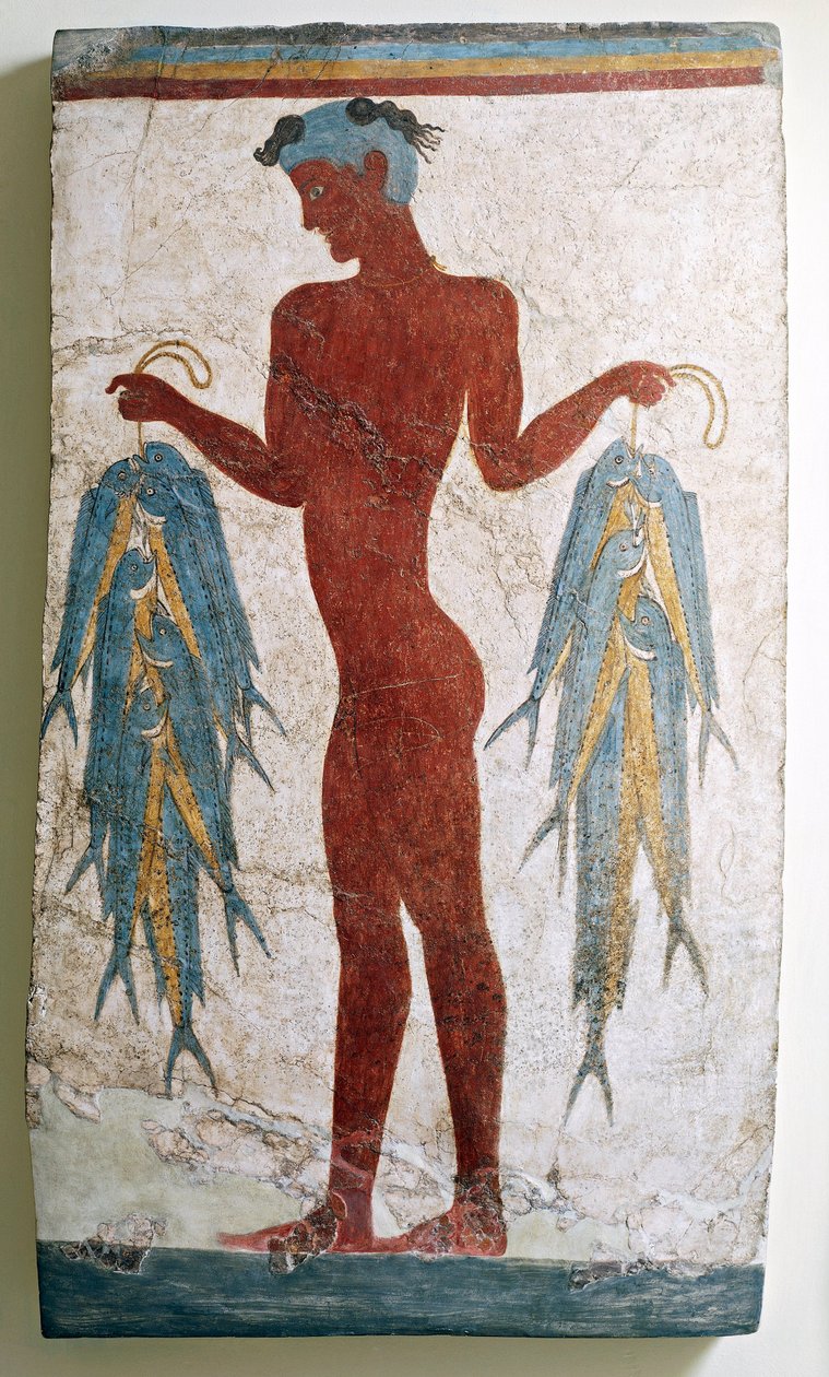 Cywilizacja grecka, fresk przedstawiający rybaka, z Akrotiri, Thera, Santorini, Grecja (fresk) autorstwa Minoan