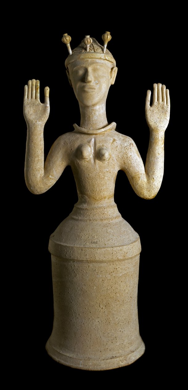 Sztuka minojska: terakotowy posąg Bogini Maków, bóstwa snu lub śmierci. Z sanktuarium Gazi na Krecie. 1350 pne. Ciemny. 79 cm Heraklion, narodowe muzeum archeologiczne - sztuka minojska: terakotowa figurka bogini maku, bóstwo snu lub d autorstwa Minoan