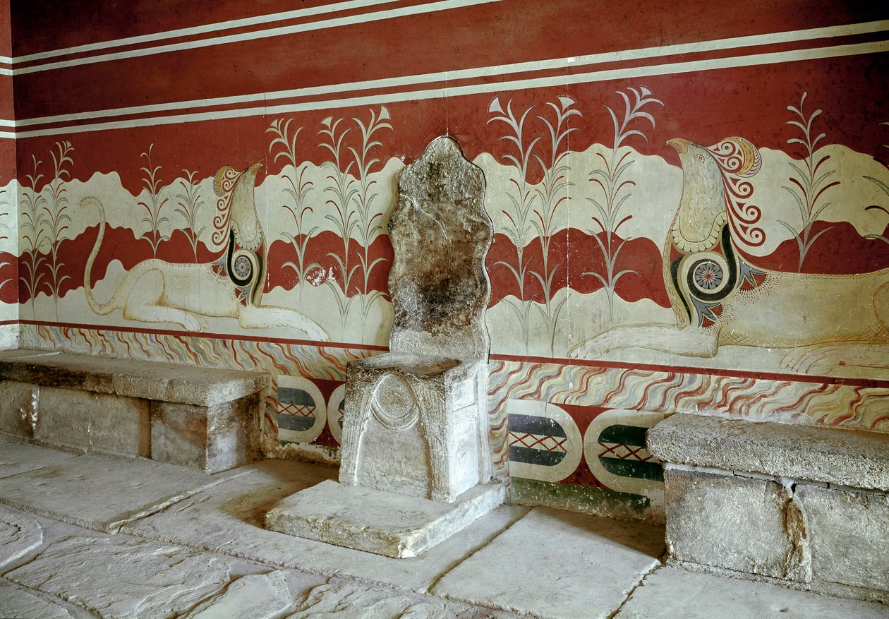 Cywilizacja minojska: widok sali tronowej pałacu króla Minosa a Cnossos (Knossos). Kreta - cywilizacja minojska: widok sali tronowej pałacu króla Minosa w Knossos. Kreta, Grecja autorstwa Minoan