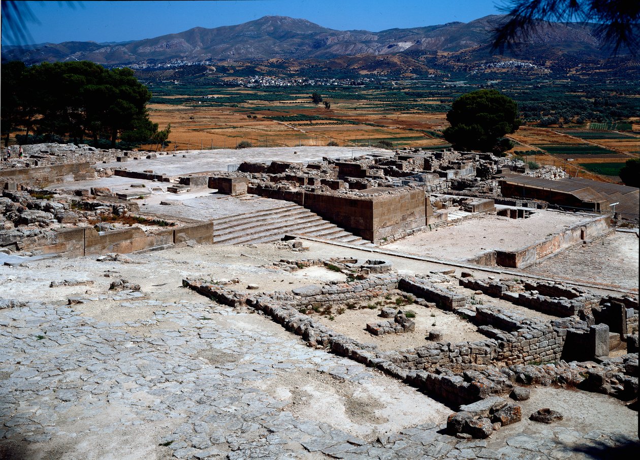 Cywilizacja minojska: widok zachodniego skrzydła pałacu w Fajstos (Festos) 1950-1700 pne. Fajstos, Kreta autorstwa Minoan