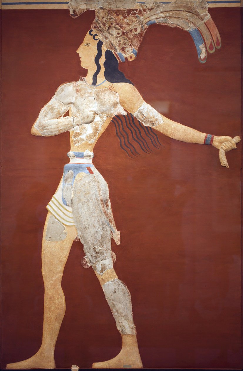Fresk sztuki minońskiej „Książę lilii”. Oryginalna rekonstrukcja z nielicznych fragmentów znalezionych przez A. Evansa na stanowisku archeologicznym w Knossos. muzeum archeologiczne w Heraklionie. Ta rekonstrukcja jest niepewna. Knossos, Kreta. autorstwa Minoan