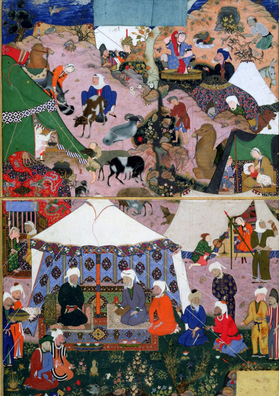 Obozowisko nomadów z Khamsy (kwintetu) Nizami, Tabriz, Wschodni Azerbejdżan, perska, dynastia Safawidów, 1539-43 (nieprzezroczysta toaleta i złoto na papierze) autorstwa Mir SayyidAli attr. to Mir SayyidAli attr. to