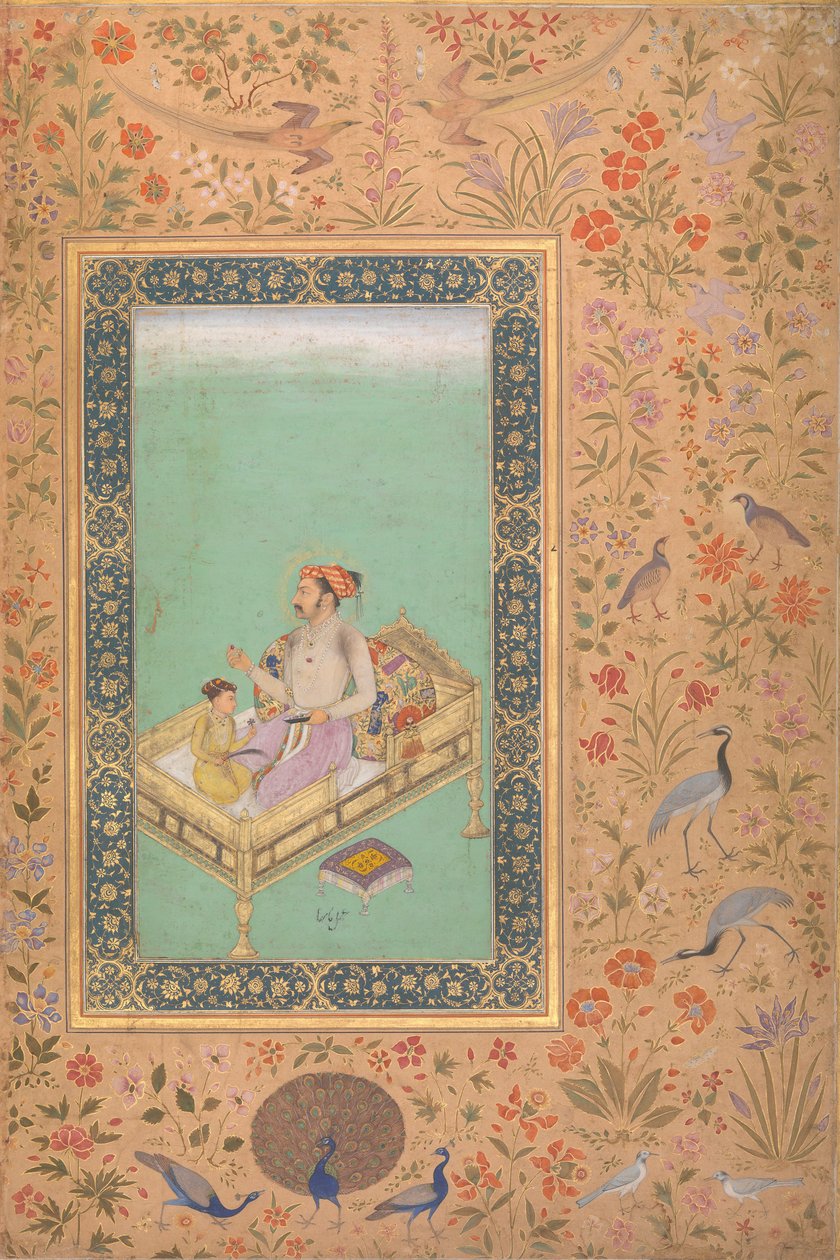 Cesarz Shah Jahan ze swoim synem Darą Shikoh, Folio z albumu Shah Jahan, Verso: Ca.1620 autorstwa Mir 