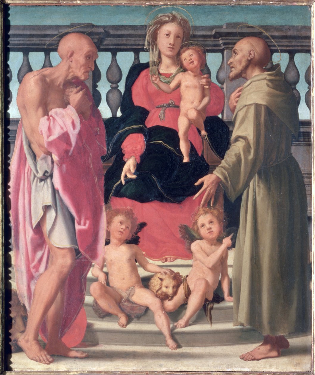 Madonna z Dzieciątkiem z SS. Jerome i Franciszkiem (panel) autorstwa Mirabello Cavalori