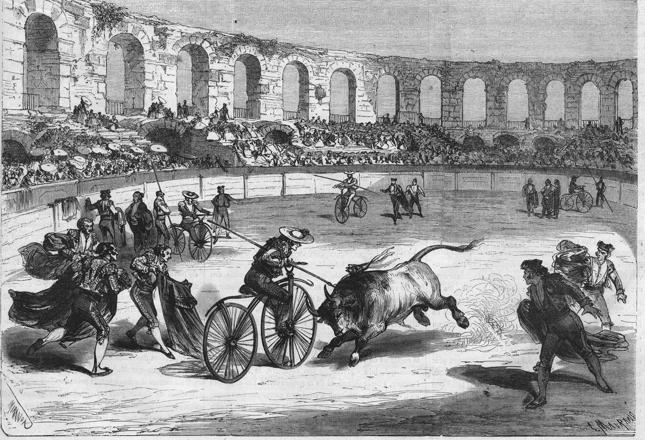 Wyścig byków na Arenie Nimes w 1869 roku. Toreadorzy dosiadali welocypedów. Rysunek autorstwa pana Mirandy. autorstwa Miranda Miranda