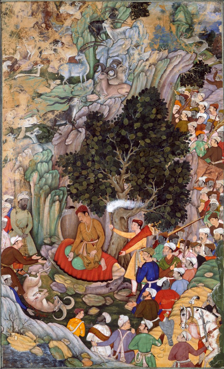Akbar nakazujący zaprzestania rzezi w 1578 r., ok. 1595 r. (gwasz na papierze) autorstwa Miskin Miskin