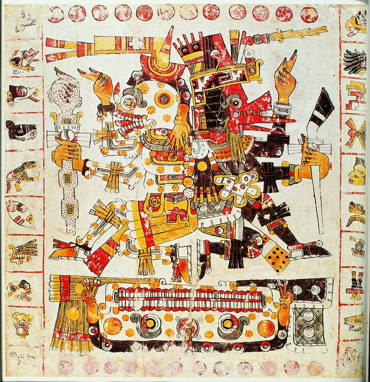 Faksymile strony kodeksu Borgii przedstawiającej bogów Śmierci i Życia ułożonych obok siebie (litografia kolorowa) autorstwa Mixtec