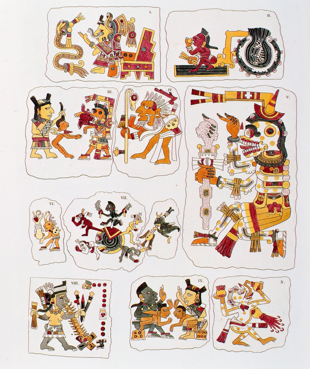 Faksymile strony kodeksu Borgii przedstawiającej różne sceny (litografia kolorowa) autorstwa Mixtec