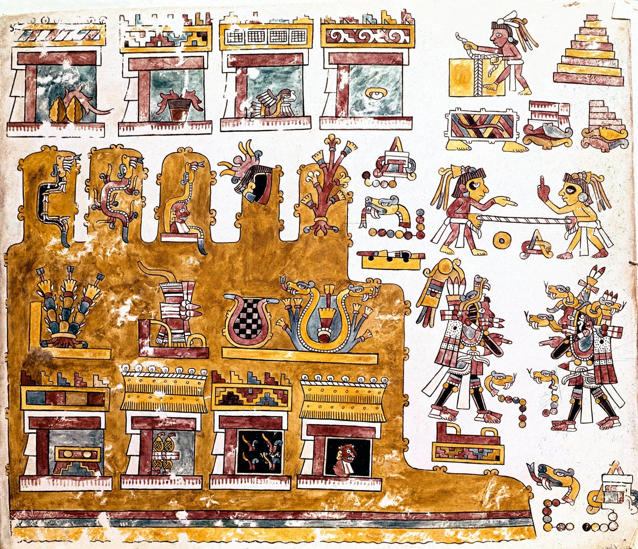 Cywilizacja Mixtec: Kodeks Mixtec z ilustracjami działań odbywających się przed świątynią - Sztuka prekolumbijska, cywilizacja mieszana: sceny z życia codziennego przed świątynią - Fragment kopii Kodeksu Vindobonensis lub kodeksu wiedeńskiego przesłanego p autorstwa Mixtec Mixtec