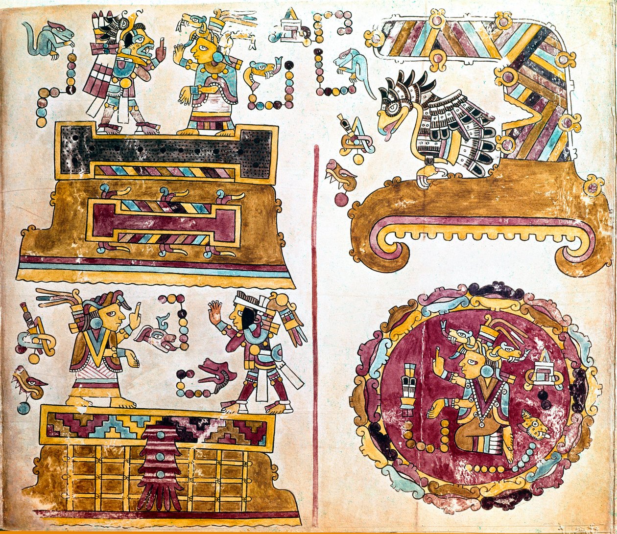 Cywilizacja Mixtec: Kodeks Mixtec z ilustracjami codziennych czynności - Sztuka prekolumbijska, cywilizacja mieszana: scenes de vie quotidienne - Fragment kopii Kodeksu Vindobonensis lub kodeksu wiedeńskiego wysłanego przez Hernana Cortesa do Karola V w 15 autorstwa Mixtec Mixtec
