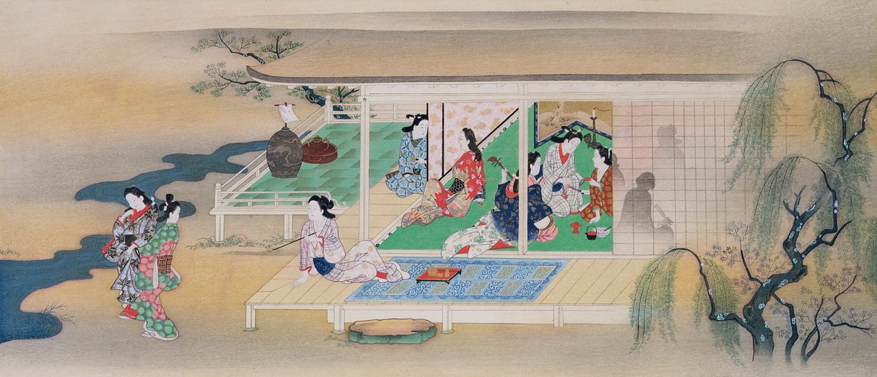 Wieczór muzyczny podczas księżycowego wieczoru w czerwcu, ilustracja z magazynu Kokka, wydana w latach 1905-6 autorstwa Miyagawa Chōshun