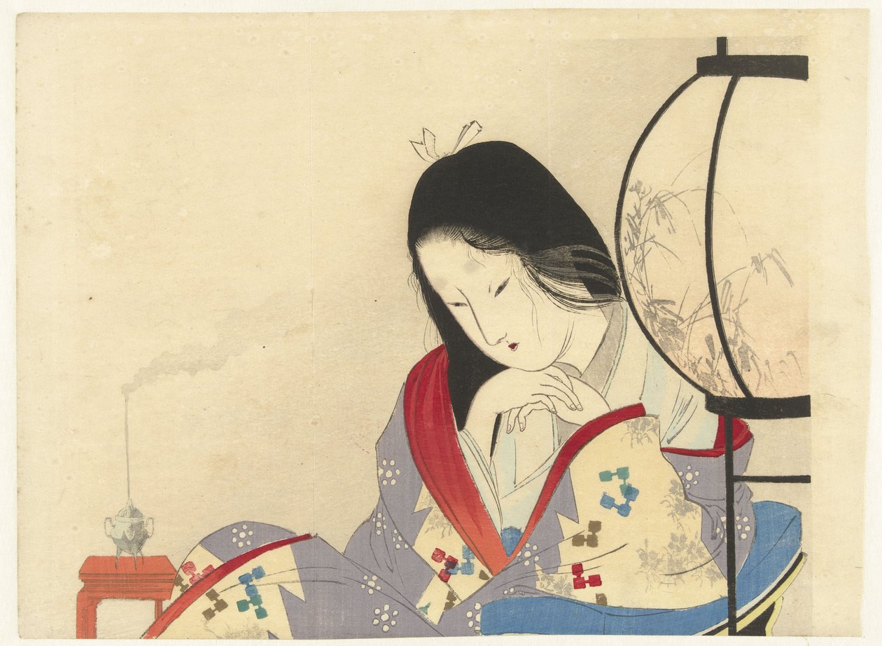 Kobieta we wnętrzu przy lampie, 1890-1908 (kolorowy drzeworyt) autorstwa Mizuno Toshikata