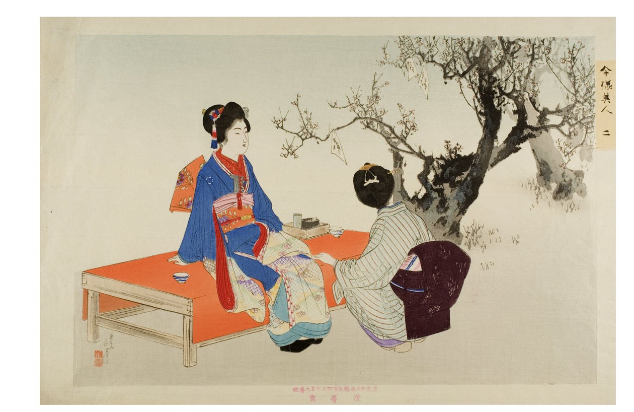 nr 2. Patrząc na Plum Blossoms z cyklu Modern Beauties, ok. 1897-1899 (drewno na papierze) autorstwa Mizuno Toshikata