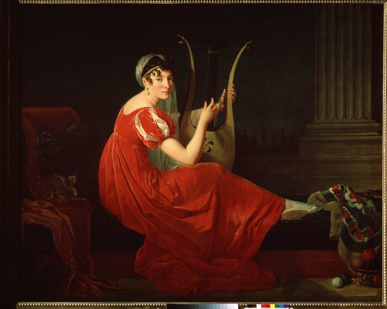 Portret Józefiny Budajewskiej. Elegancka kobieta z harfą. Obraz Mademoiselle Riviere (1780-?) autorstwa Mlle Riviere