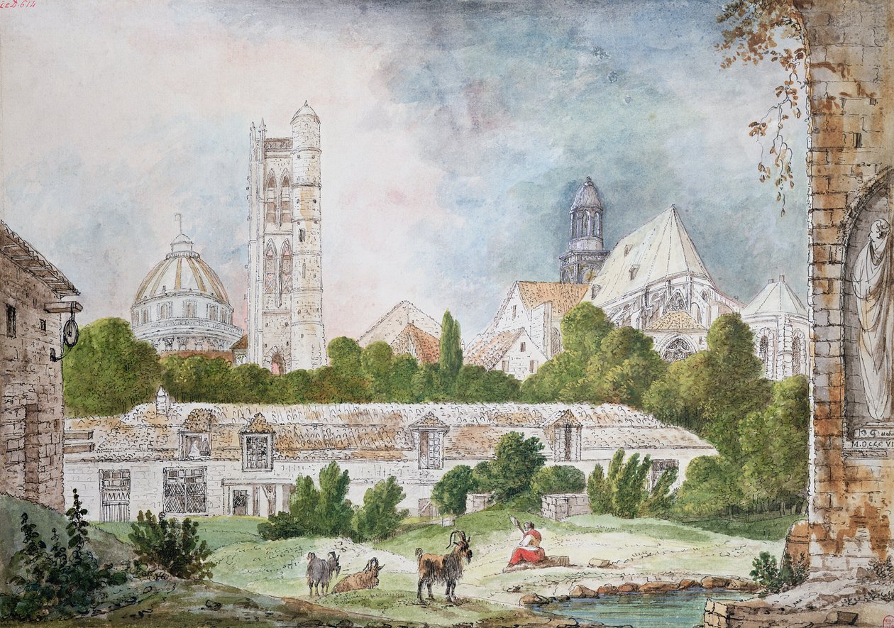 Nowy kościół Sainte-Genevieve i Saint-Etienne-du-Mont widziany z ruin opactwa Sainte-Genevieve w Paryżu, 1807 (wc i tusz na papierze) autorstwa Mme. Duchateau