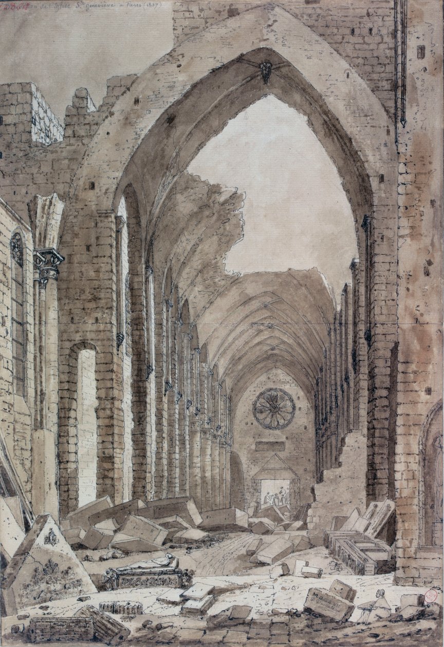 Rozbiórka starego kościoła św. Genowefy, Paryż, 1807 (wc na papierze) autorstwa Mme. Duchateau