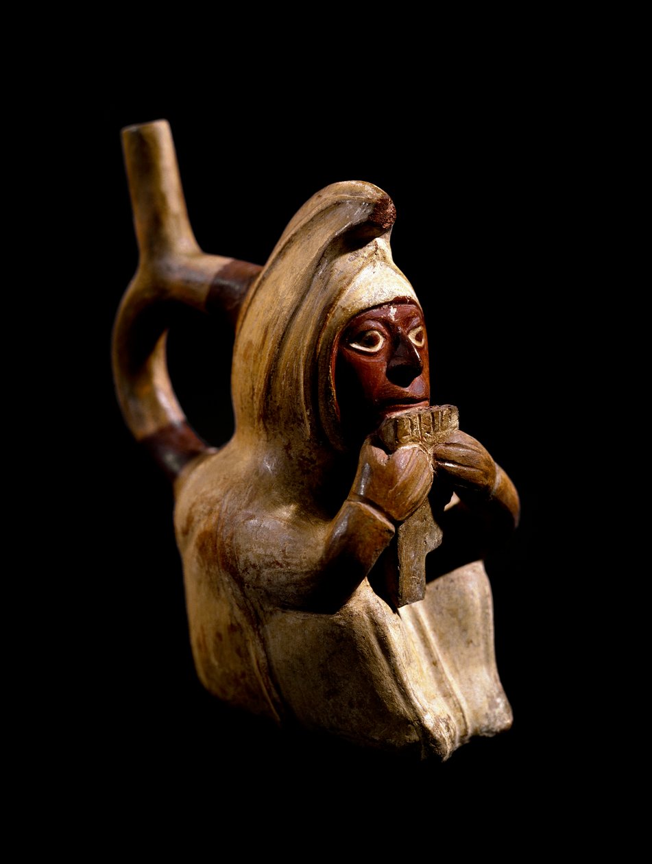 Sztuka przedkolumbijska, cywilizacja Mochic (brzydka, Mochica): antropomorficzna waza przedstawiająca flecista pan. 200 pne-700 ne. Goteborg, Muzeum Etnograficzne - sztuka prekolumbijska, kultura Moche (200 - 700 ne): antropomorficzna waza przedstawiająca  autorstwa Moche Moche