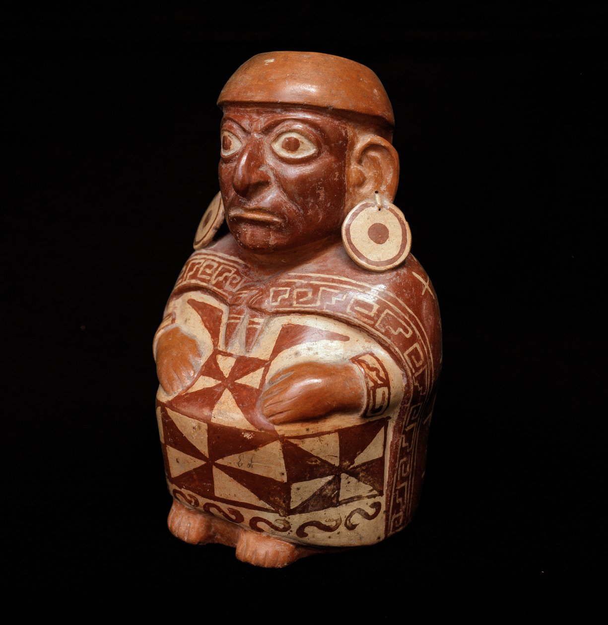 Sztuka przedkolumbijska, cywilizacja mockiczna (brzydka): waza przedstawiająca „Tkaninę” - 200 pne-700 AD. Lima, Narodowe Muzeum Antropologii i Archeologii, Peru - Sztuka prekolumbijska, Cywilizacja Moche (kultura Mochica), Butelka Antropomorficzna: przeds autorstwa Moche Moche